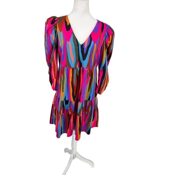 Crosby Bissy Dress | “Funky Town” | Sz S | Tiered Puff-Sleeve V-Neck Mini NWT - Picture 3 of 15